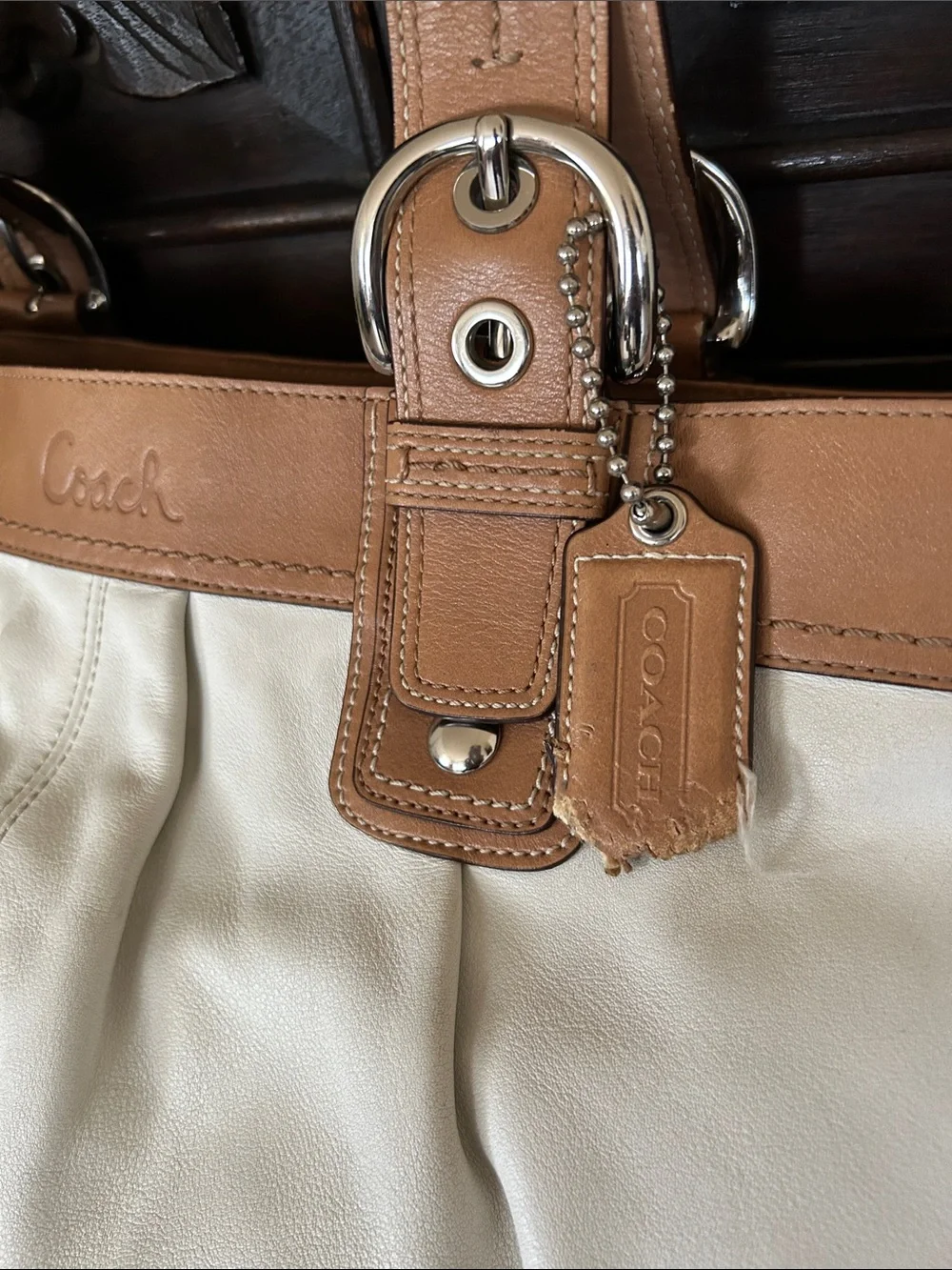 Coach Cream Canvas Shoulder Bag with Tan Leather Trim